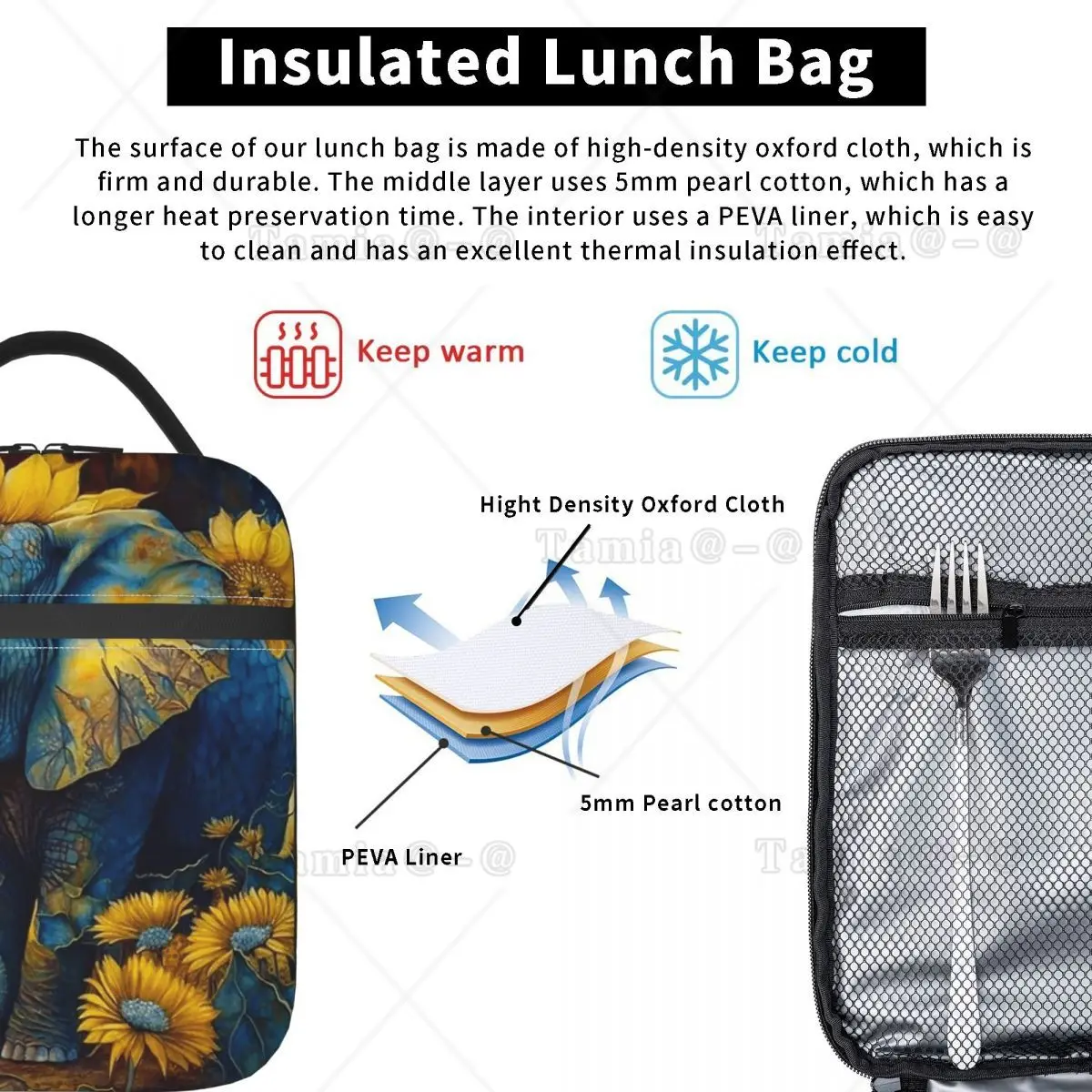 Cartoon Elephant And Sunflower Insulated Lunch Bag for Women Kids Portable Food Boxes Thermal Lunch Box Tote