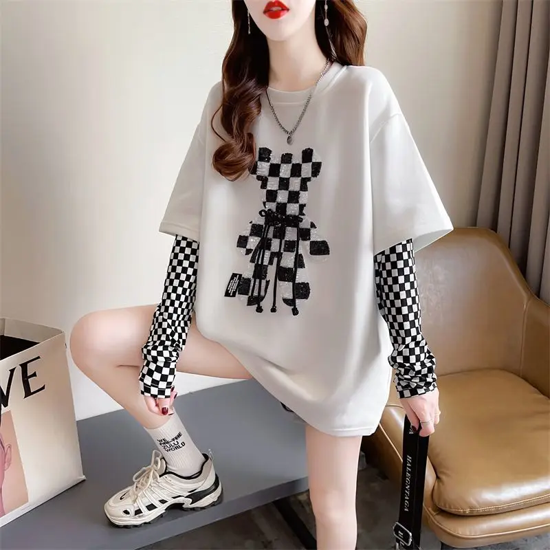 Jesień Casual Patchwork Plaid O-neck Long Sleeve T-Shirts Female Fashion Diamonds Pullover Top Tee Odzież damska Sznurowana koszulka