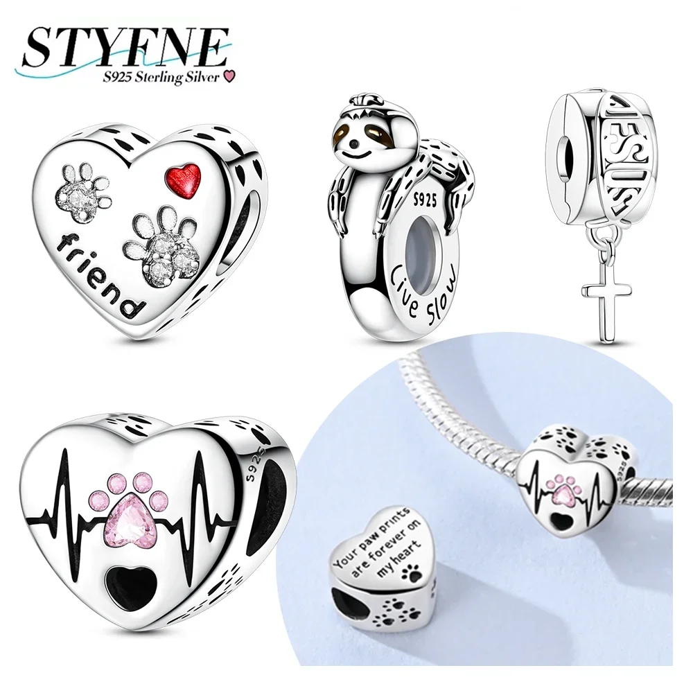 

925 Silver Heart Shaped Cute Claw Sloth Four-leaf Clover Beads Cross Bible Charms Fit Original Bracelet for Women Jewelry Gift