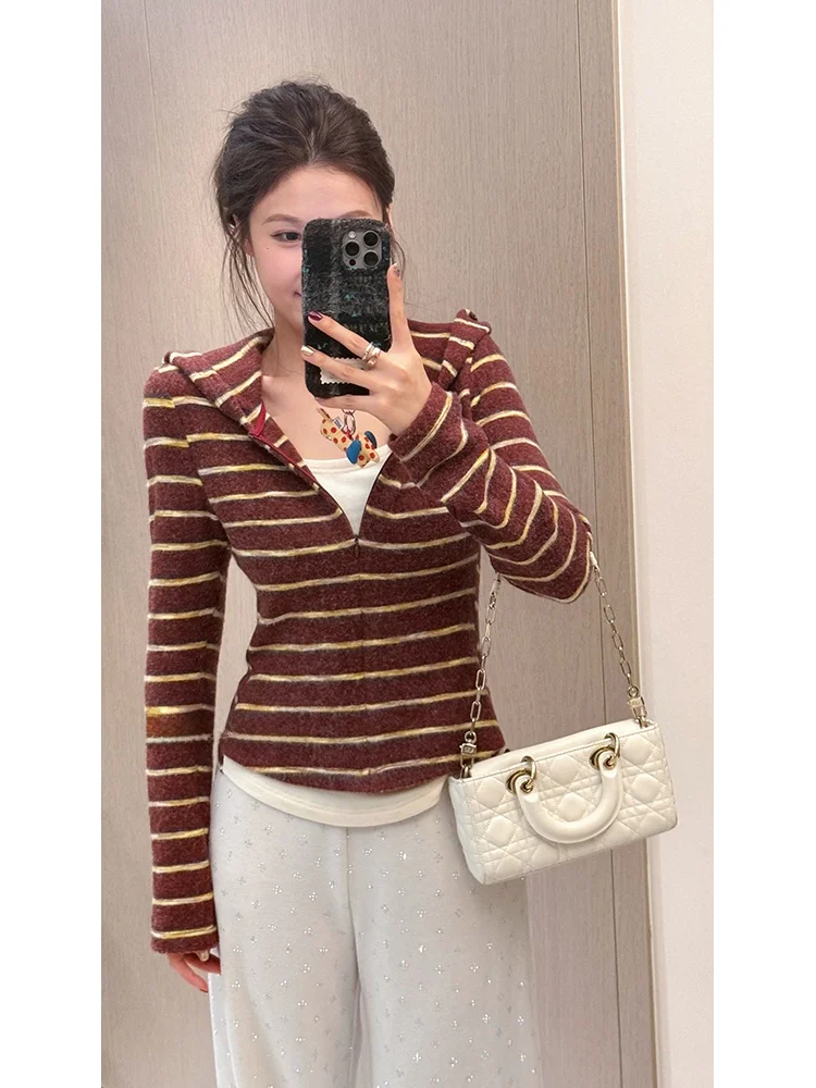 

Thinming Rabbit Fur Knitted Sweater Stripe Slimming Warmth Casual Sle Long Sve Women's Cardigan Knittedwear for Autumn W...