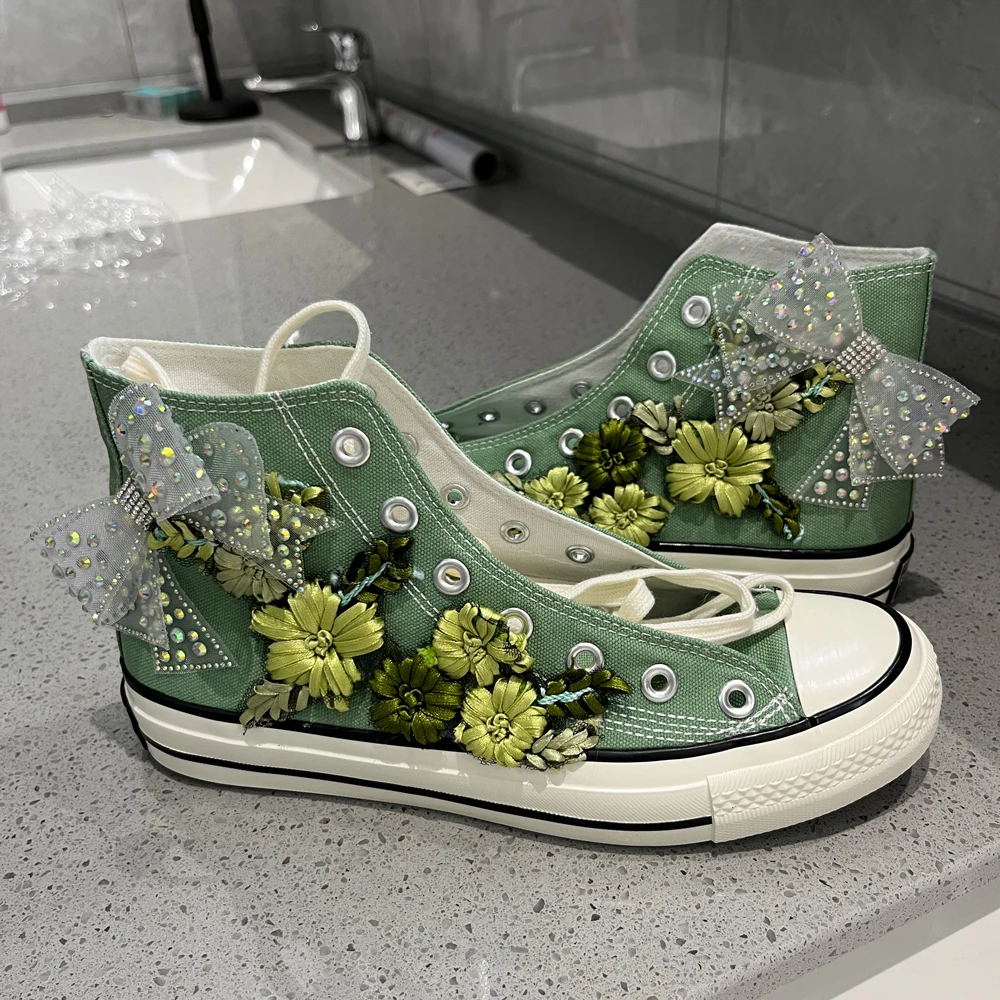 mambo Style Green Bow Embroidered Flowers Candy-colored Canvas Shoes very popular