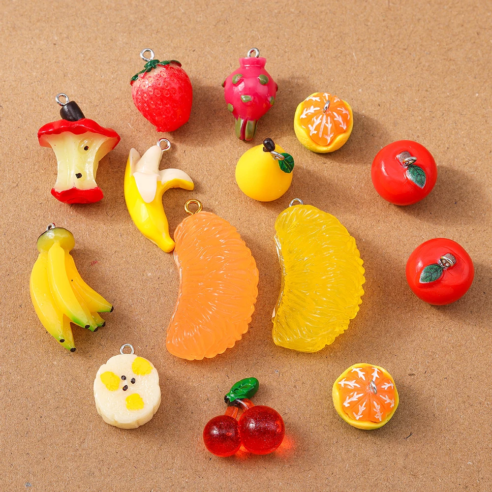 10 Stück zufällige Mischung Harz 3D Obst Charms Apfel Banane Orange Kirsche Anhänger für Schmuckherstellung Ohrringe Halskette DIY Zubehör – Detail 2