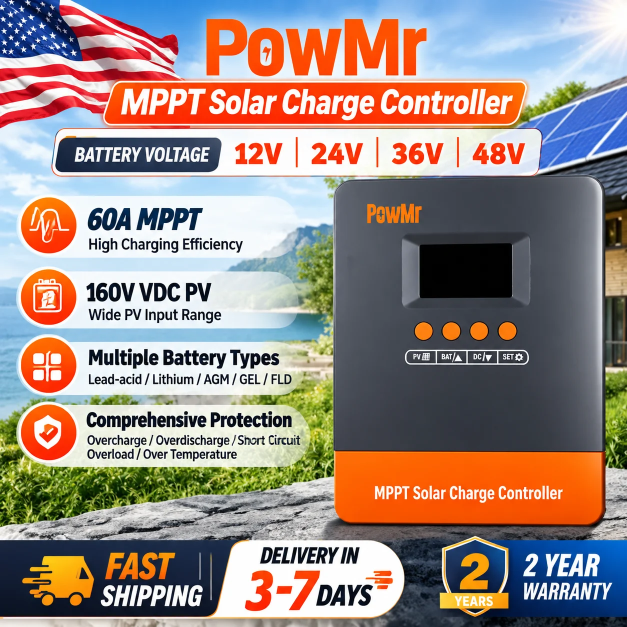 PowMr 60A MPPT Solar Charge Controller Max PV 160V 2800W Auto 12V 24V 36V 48V Up to 12 in Parallel Connections for Solar Home US Store