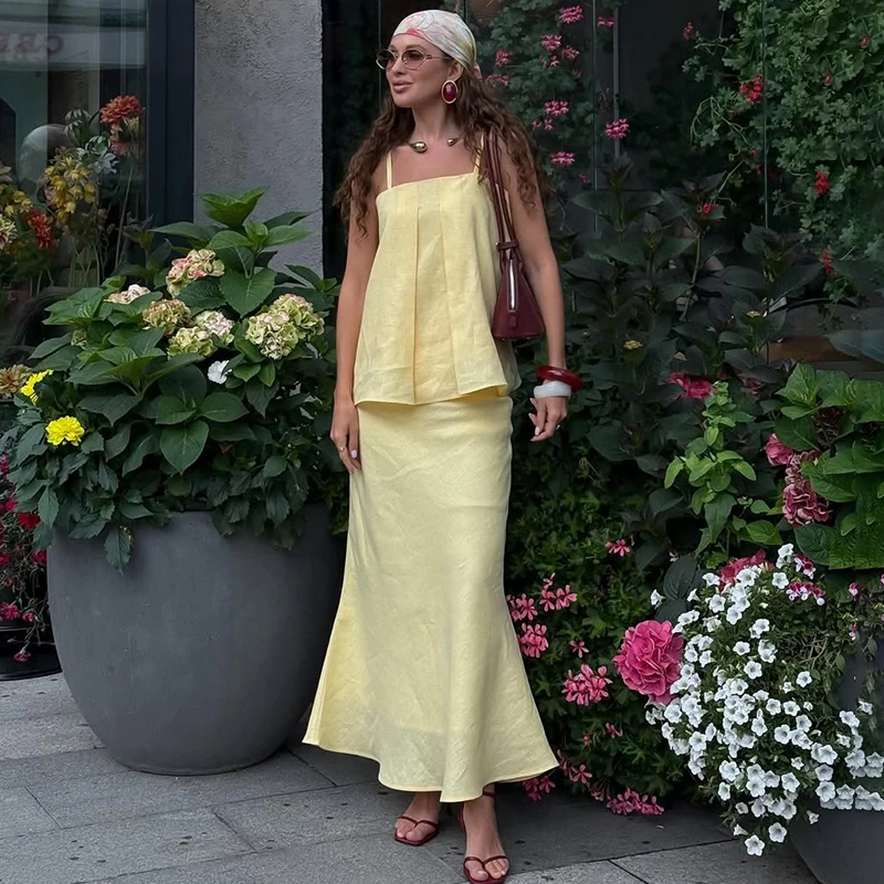 

TARUXY Leisure Cotton Suspenders Skirt Set Female Spring Summer New Lazy Solid Camisole Top Fishtail Long Skirt Women's Suit