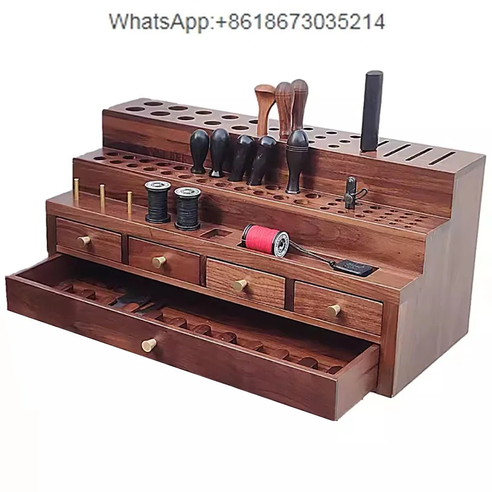 High-End Handmade Leather Craft Tools Multistep Organizer Multifunctional Black Walnut Storage Rack with Pricking Irons Drawer