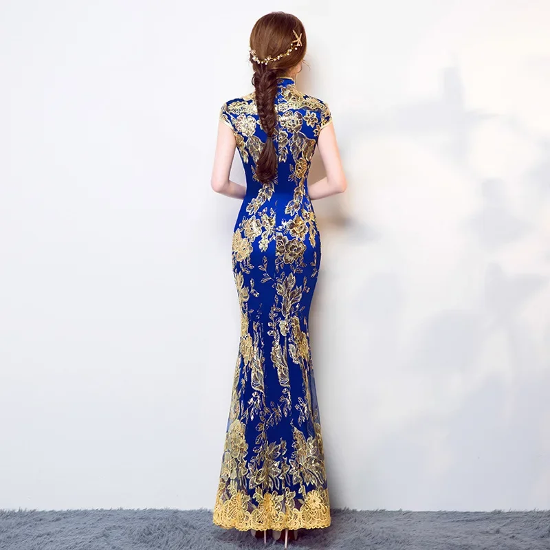 

Blue Wedding Party Cheongsam Oriental Evening Dress Chinese Traditional Womens Elegant Qipao Sexy Lace Long Robe Retro Vestido