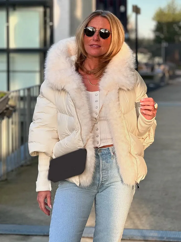 

Fur Patchwork Hooded Cotton Coat Women White Full Sleeves Zipper Thick Short Jacket Fashion Winter Lady Daily Street Outerwears