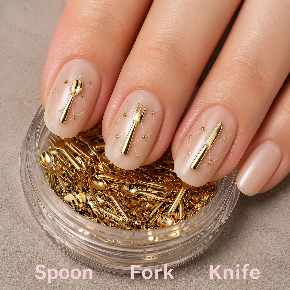 50Pcs Korean Ins‑Vibe Nail Art Charms Mini Cutlery Spoon Fork 2‑Color Gold Silver Metal Ornaments For Creative Nail DIY Work