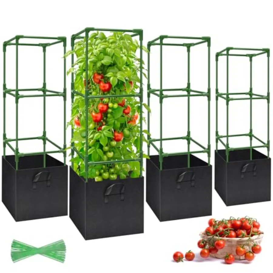 

Pack Tomato Cages with 17 Gallon Grow Bags- 7 Square Tomato Cages for Garden, Heavy-Duty Tomato Stakes Plant Support Cages Trel