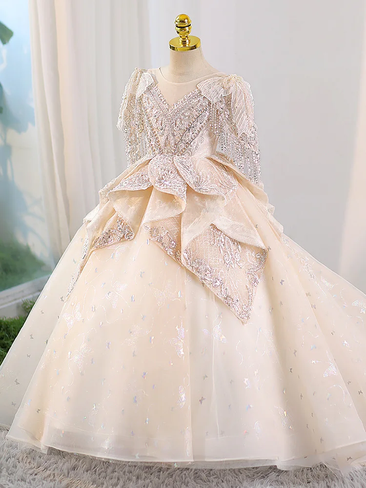 Custom Made Elegant Flower Girl Dresses Short Sleeve 2024 Crystal Puffy Kids Pageant Prom Dress Young Girl Wedding Party Gown