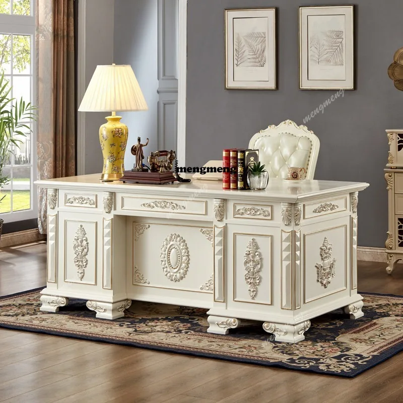 

Solid wood desk study computer office desk and chair combination writing desk president boss table white gold