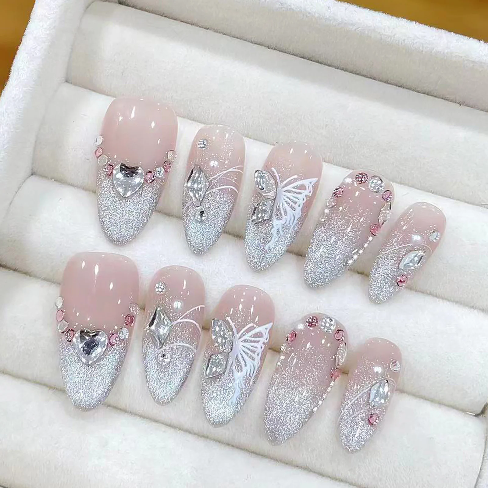 Handmade Press on Nails French Pink Cat Eye Fake Nails with Glitter Love Crystal Design Almond False Nails for Women Wearable