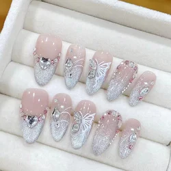 Handmade Press on Nails French Pink Cat Eye Fake Nails with Glitter Love Crystal Design Almond False Nails for Women Wearable
