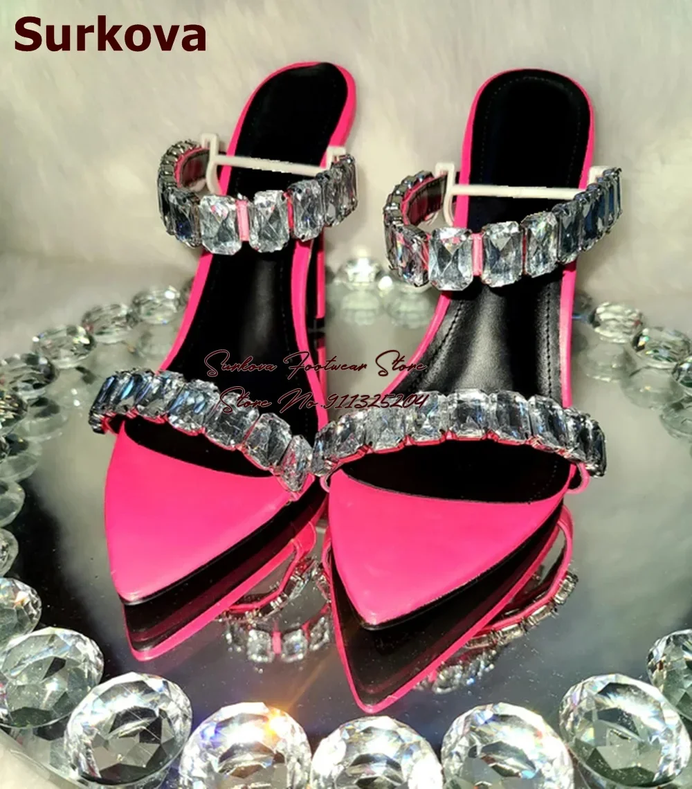 

Surkova Sparkly Big Gem Decorated High Heel Modern Slippers Hot Pink Patent Leather Thin High Heel Sandals Glitter Crystal Shoes