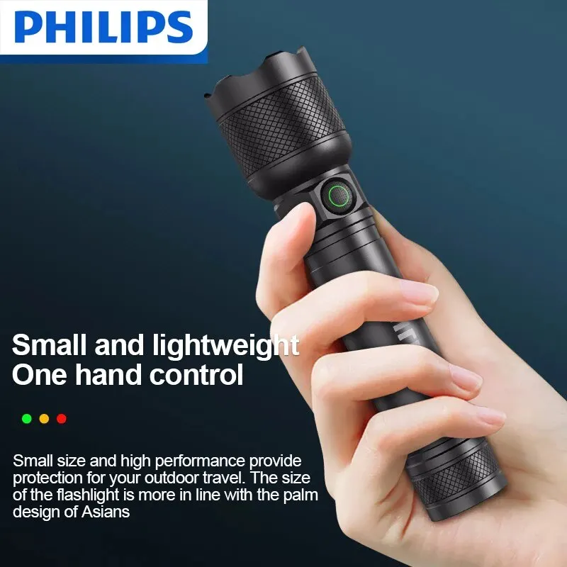 Linterna LED Philips con batería recargable USB 18650, 4 modos de iluminación, linternas de autodefensa impermeables para acampar al aire libre