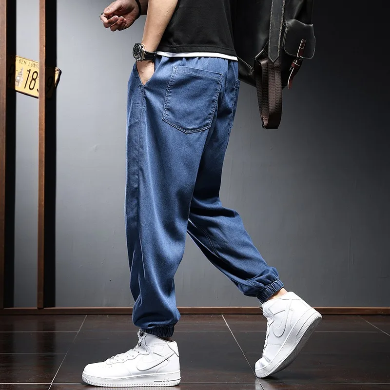 2022 Summer Thin Lyocell Jeans Men Joggers Streetwear Baggy Pencil Pants Hip Hop Casual Light Blue Elastic Waist Denim Trousers