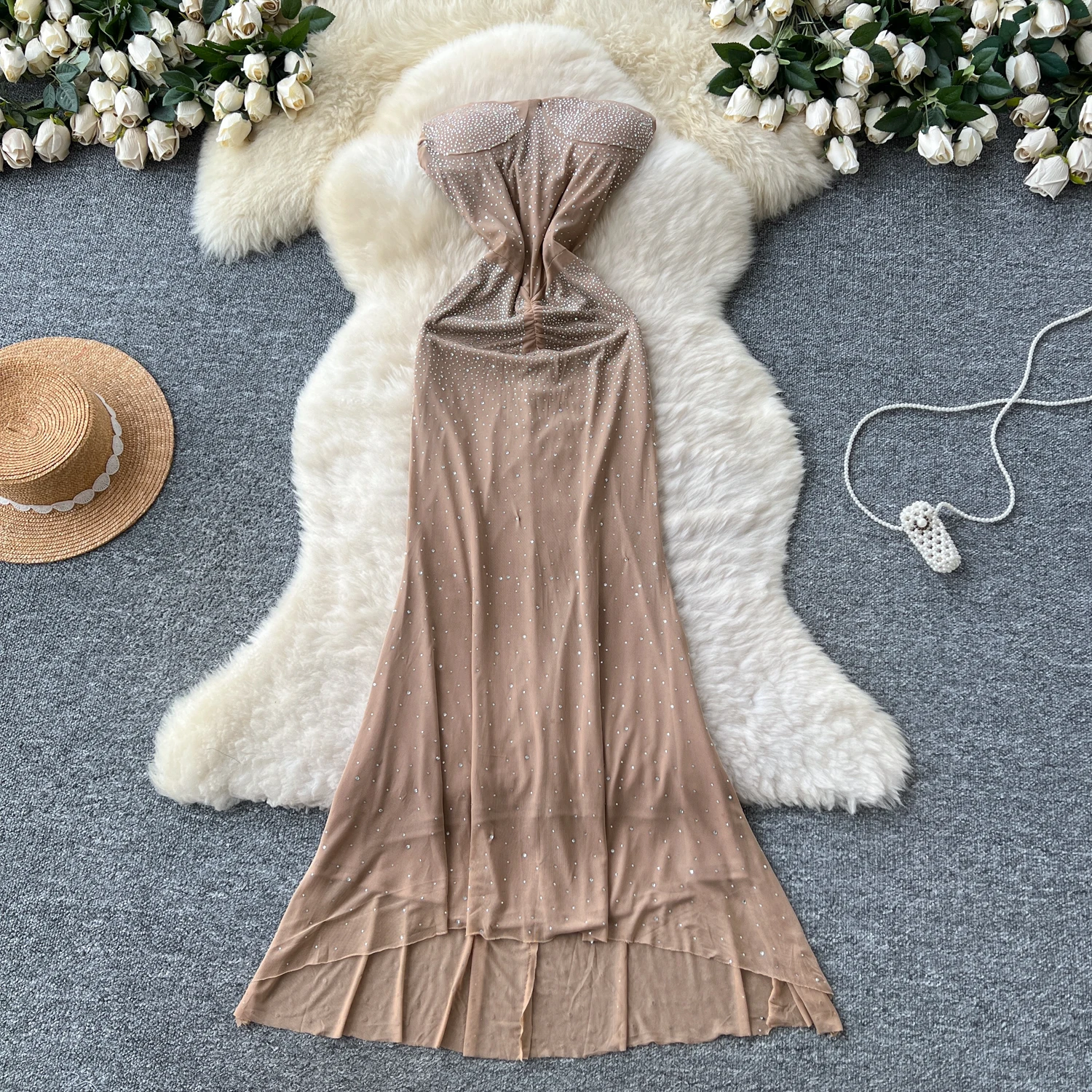 Chic vintage sleeveless Strapless bodycon slim Elegant Fairy korean fashion Boho Sundress women clothing Long dress