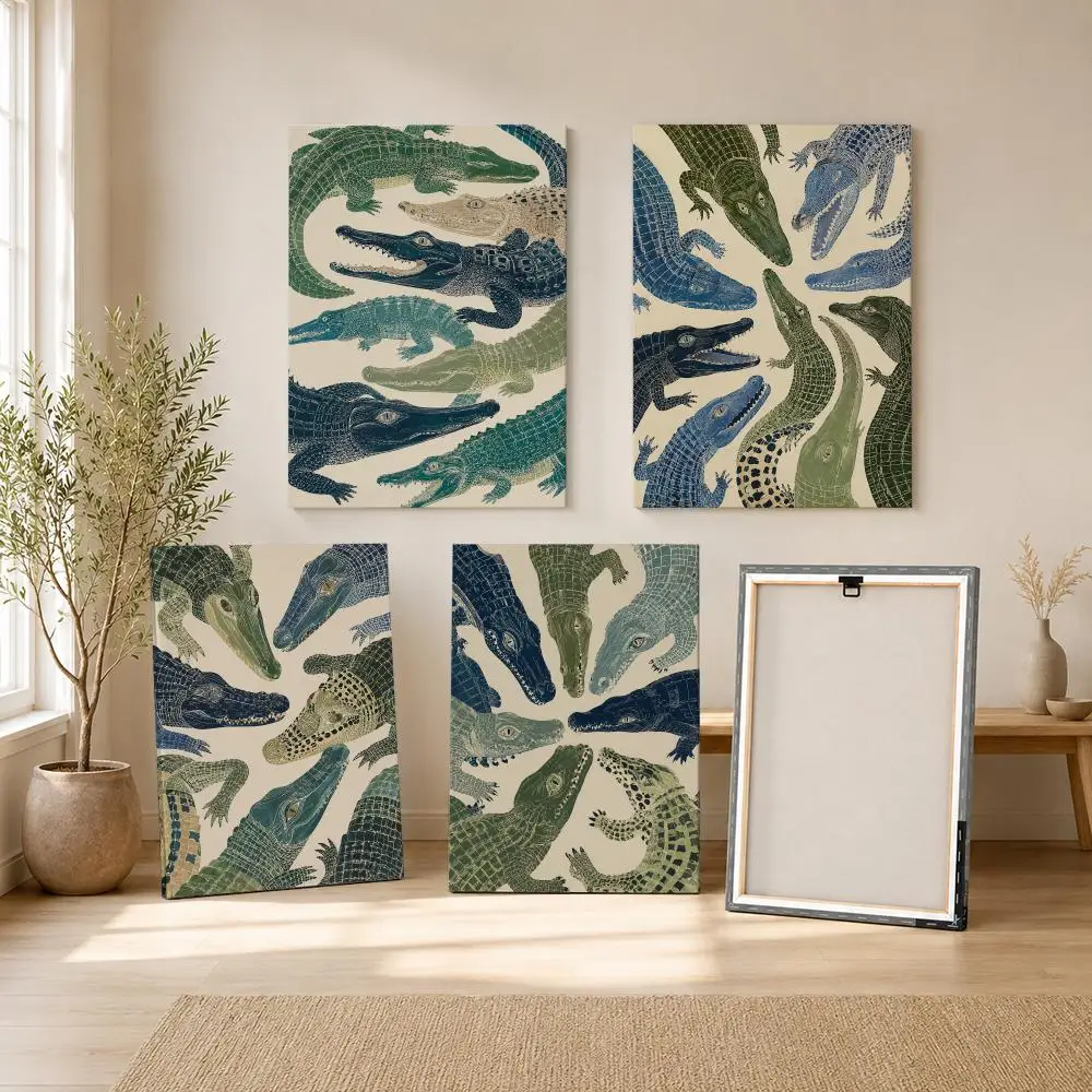 Crocodile Alligator Blue Green Reptile Framed Wall Painting Ready to Hang Canvas Art Poster for Living Room Bedroom Home Decor