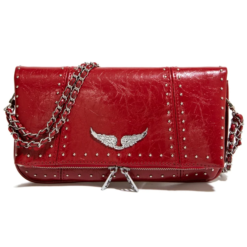 Small Women Envelope Crossbody Bag 2026 Soft Black Oil Wax Leather Casual Shoulder Bag With Silver Rivet Chain