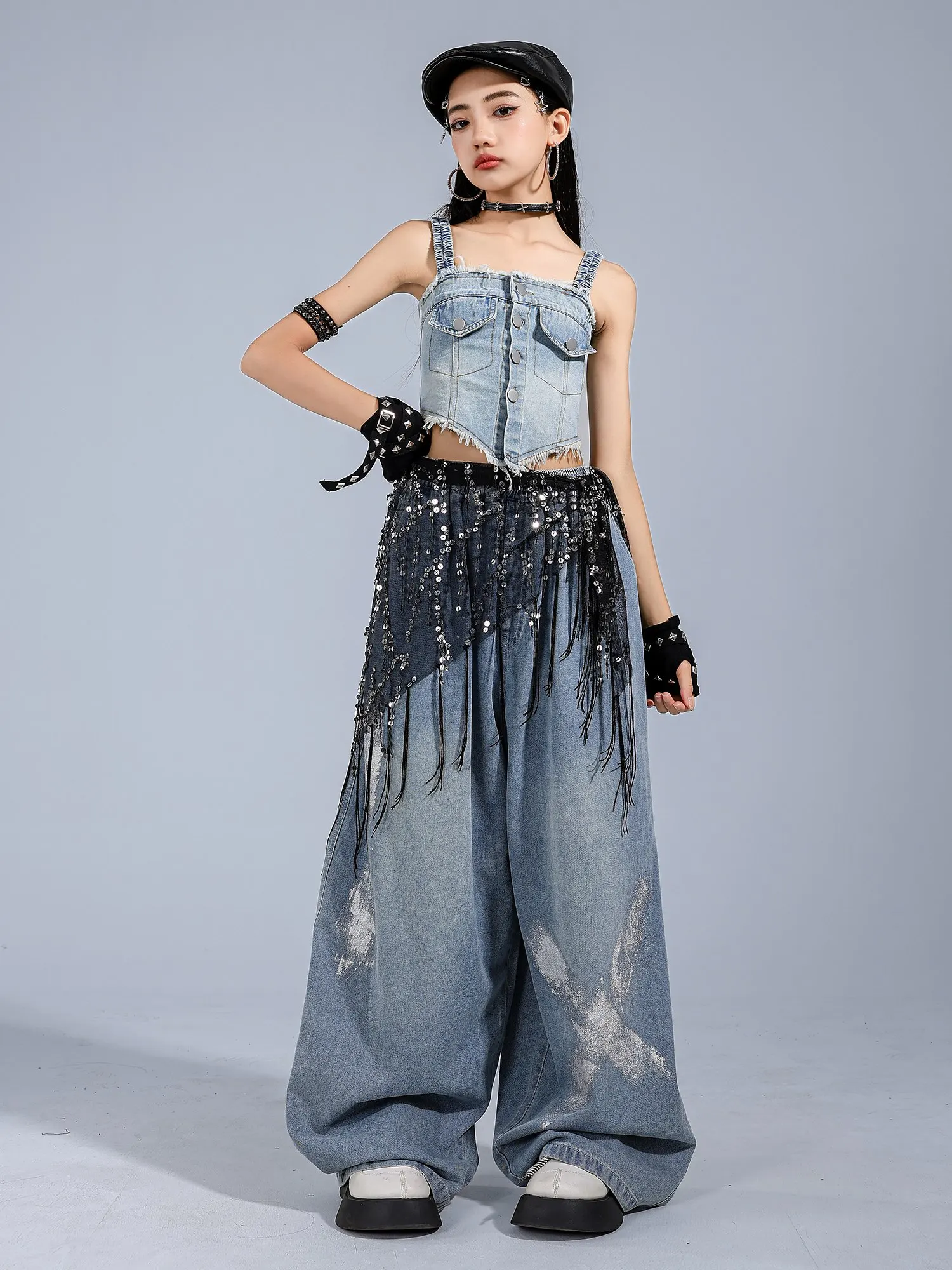 Kostium taneczny dla dzieci Kpop Hip Hop 2025, dżinsowy garnitur dla dziewczynek, top bez pępka, spodnie, strój do występów jazzowych, stroje sceniczne na koncert BL16698