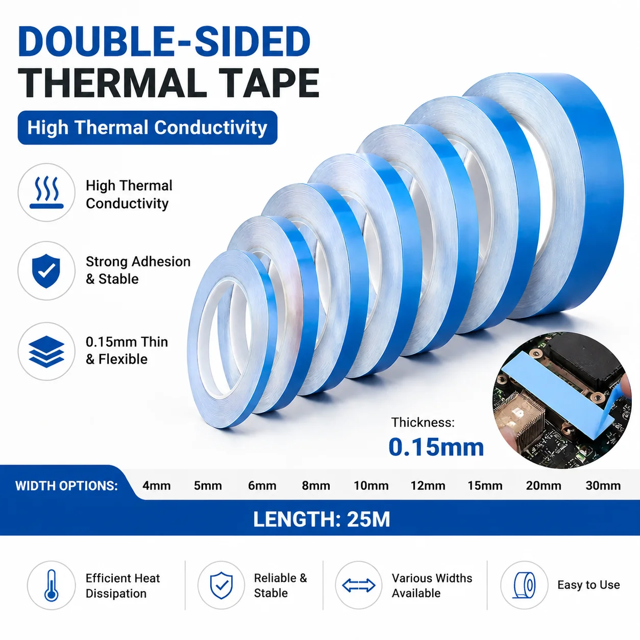 1/3 Roll Double-Sided Thermal Conductive Tape 5-30mm Wide Blue Heat Dissipation Tape for Attaching Heat Sinks 25 Meters
