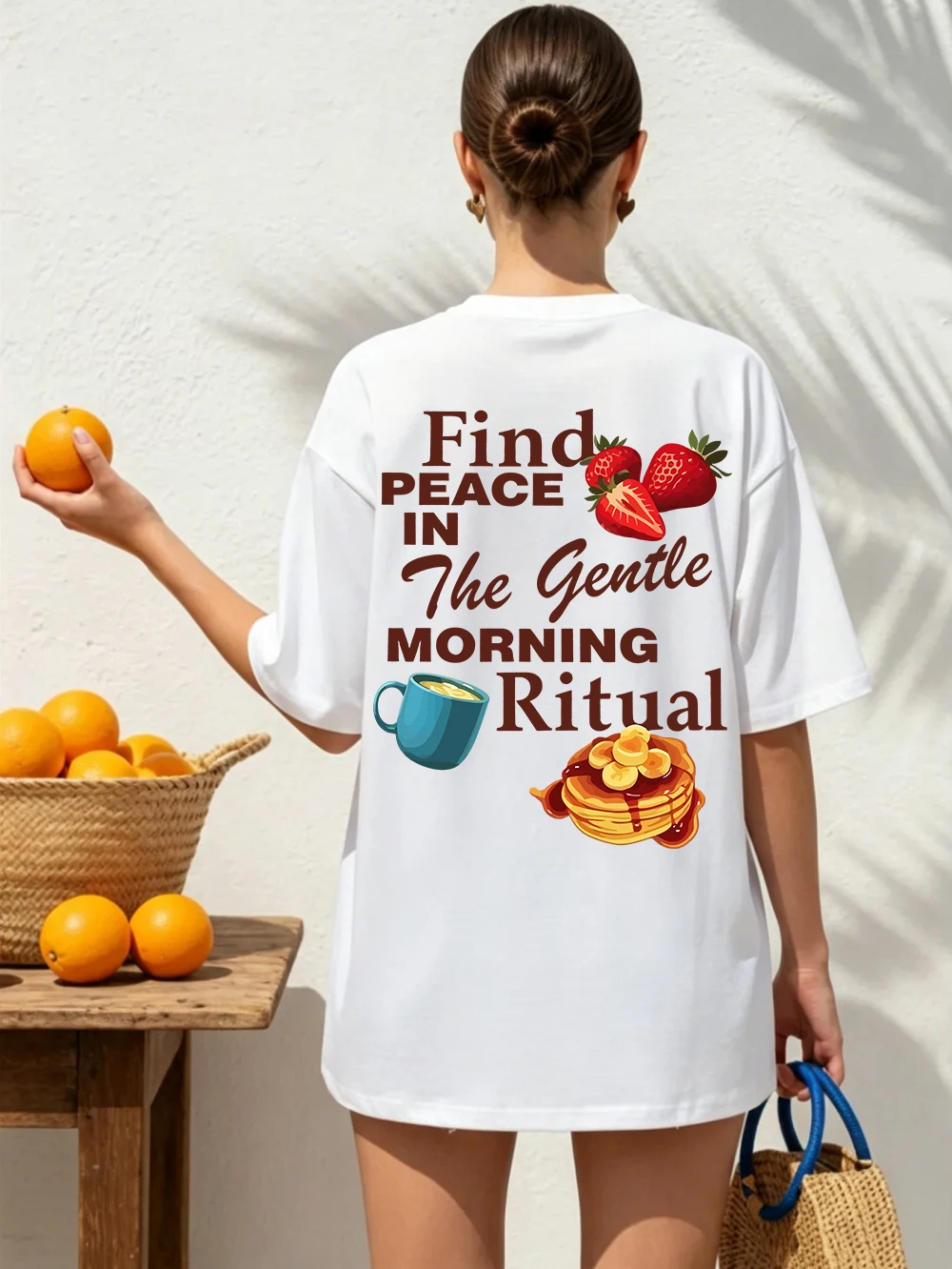 Summer T-Shirts Womens Cotton Gentle Morning Ritual Prints Tops Oversized O-Neck Soft Short Sleeve Tees Basic Womans Clothes