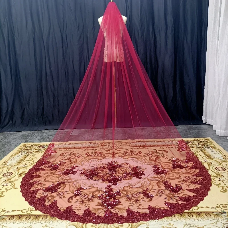 Voile en dentelle à un niveau pour les patients de chapelle et de cathédrale, vin rouge, accessoires de mariage avec peigne en métal