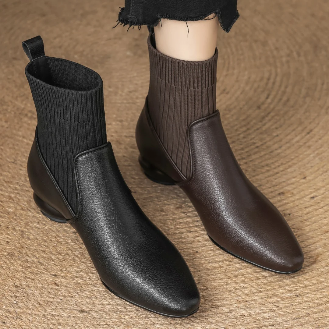 Women's genuine leather stretch knit patchwork slip-on autumn ankle Chelsea boots elegant ladies slim daily short booties shoes