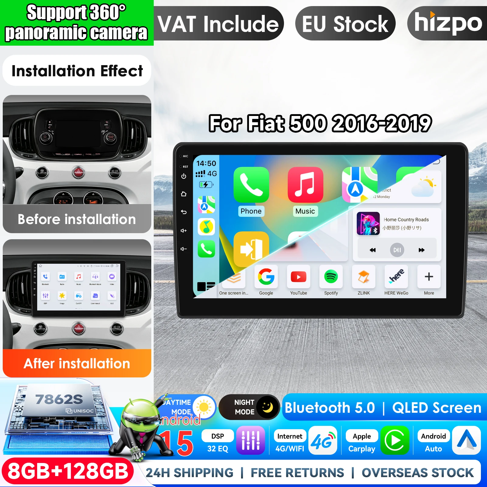 Hizpo Autoradio sans fil CarPlay Android Auto 9 pouces pour Fiat 500 2016 2017 2018 2019 Systèmes intelligents multimédias sans fil Apple CarPlay Écran tactile IPS Lecteur vidéo stéréo 2 Din Autoradio Navigation BT GPS 4G WIFI FM AM DSP RDS SWC PC