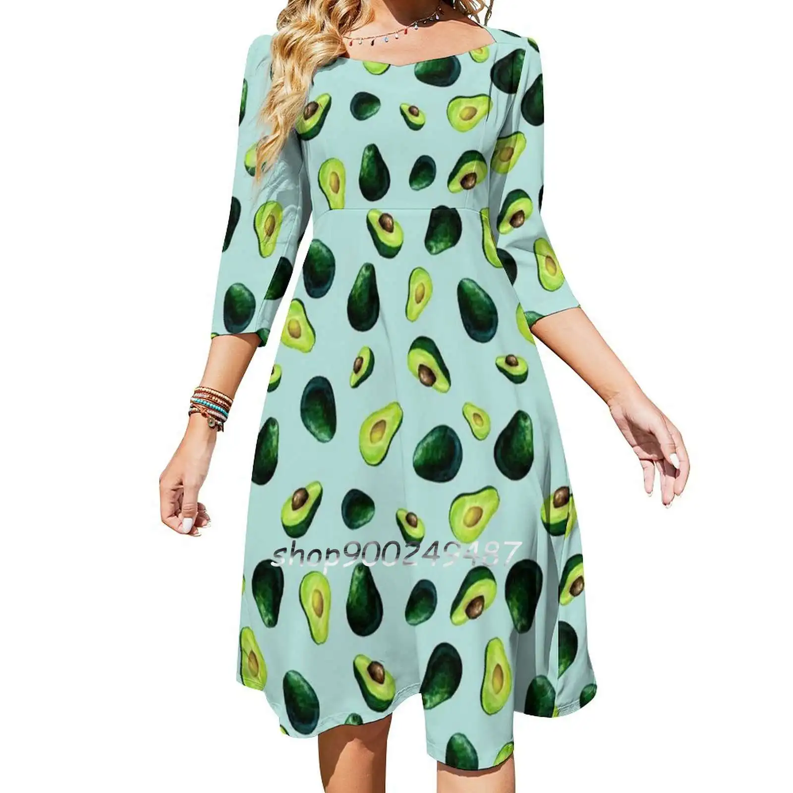 

Avocado Pattern Square Neck Dress Cute Loose Print Dresses Elegant Beach Party Dress Pattern Avocado Avocados Plant Pop Green