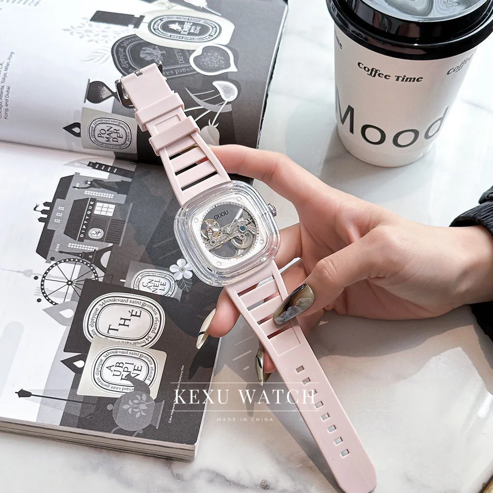 GUOU watch Transparent Silicone Strap Hollow Square Dial Women's Watch