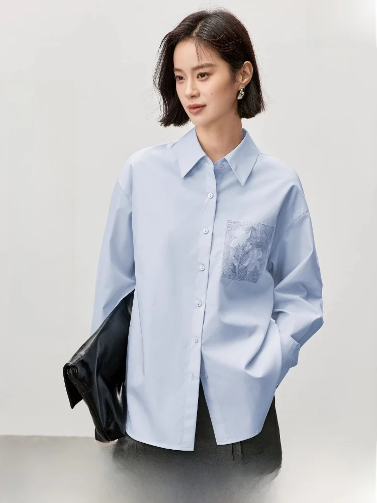 

Ele Cotton irt Women's Spring 2026 New Sle Commute Heavy Embroidery Pattern Loose oulder Long Sve Top