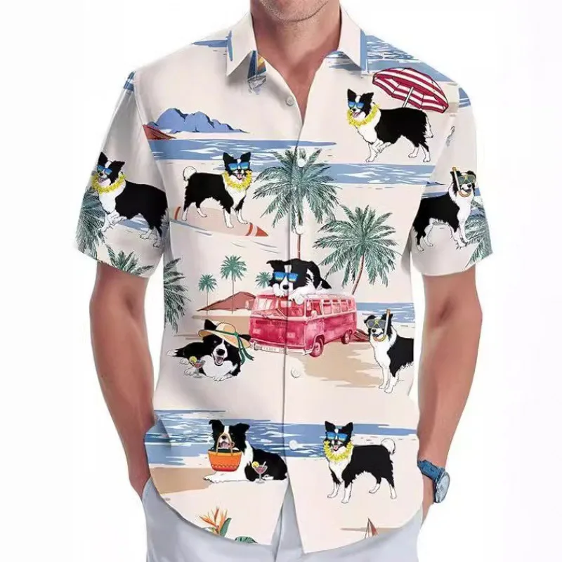 Men's Hawaiian Short-Sleeve Shirt, Cute Shepherd Dog Print, Loose-Fitting Collared Shirt, Beach Casual Outdoor Quick-Drying Top