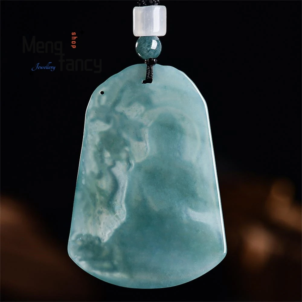 Natural A-grade Jadeite Blue Water Double Dragon Great Sun Tathagata Jade Pendant Zodiac Sheep Guardian God Fashion Fine Jewelry