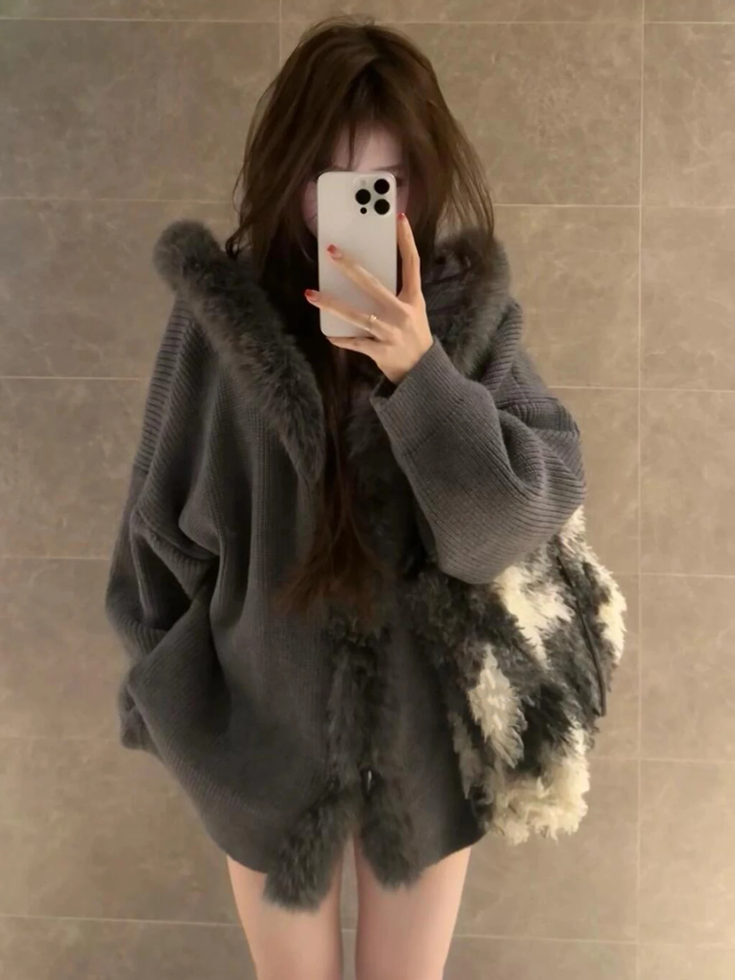 

plus Size Women's Grey Hooded Long Sleeve Cotton Jacket Button up Furry Collar Spring New Style Versatile High End Feeling Top