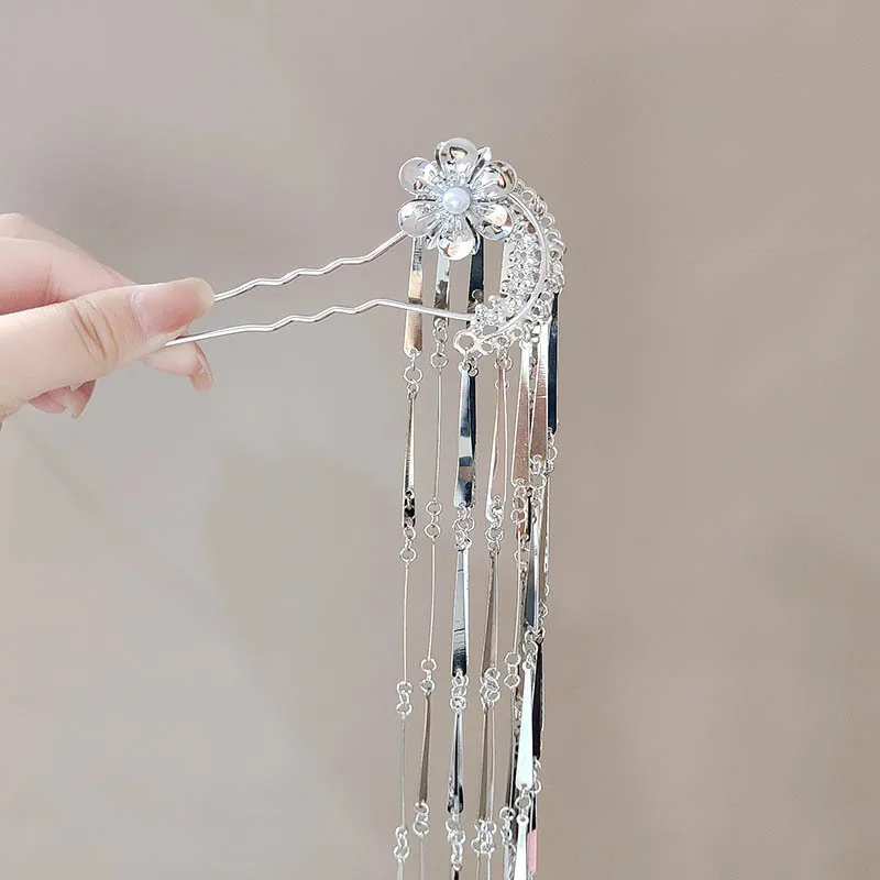 

Заколки для волос в древнем стиле, серебряные заколки с кисточками и головные уборы, новые серебряные аксессуары для волос в китайском стиле с жемчужным цветком