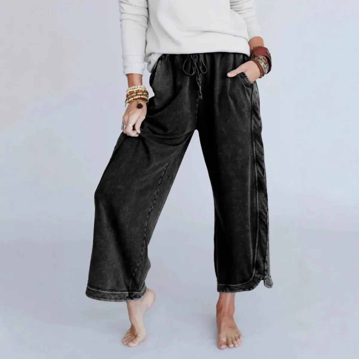 All Season Versatile Washed Distressed Trousers Women's Fashionable Casual Drawstring Pocket Wide Leg Trousers Women's Trousers