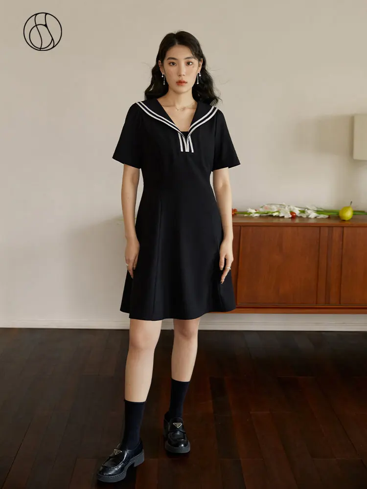 DUSHU Commuting Retro Navy Collar Preppy Dress for Female Summer Slimming Simple High Waist A-Line Little Black Dress for Women