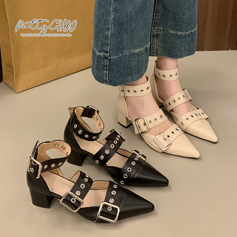 

Luxury Rivet Buckle Belt Sandal Woman Elegant Brand Design Point Toe Ankle Strap Mid Heel Pump Shoes Ladies Fashion Dress Zapato