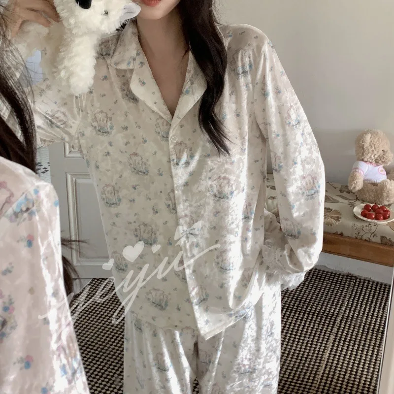 Sweet Cute Leopard Print 2Pcs Pajamas Set Warm Velour Mujer Autumn Winter Pijamas Suit Casual Comfy Loungewear Sleepwear