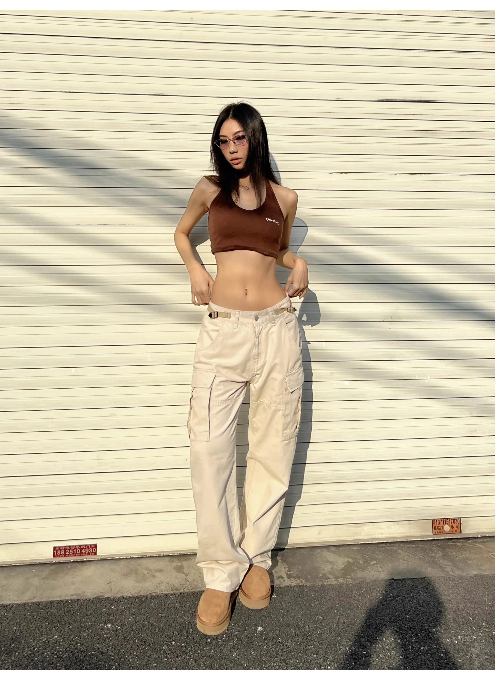 High-end street casual loose straight leg large pocket cargo pants women's high waist all match slim wide leg pants trend