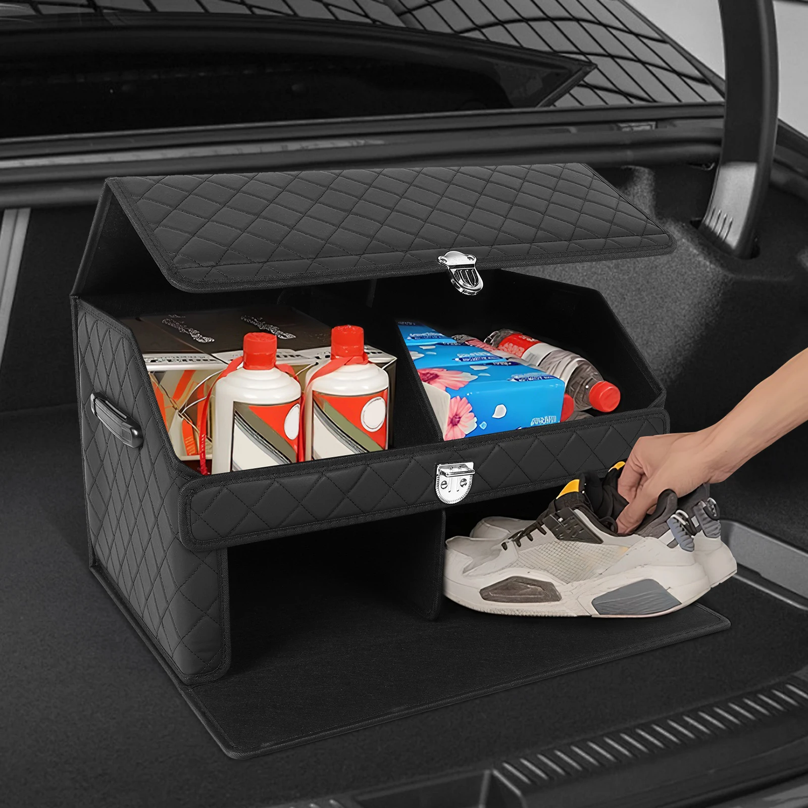 

Double-Layer Car Trunk Organizer Adjustable & Collapsible Cargo Box Multi Compartment Car Storage Bin for SUVs Sedans Back Seats