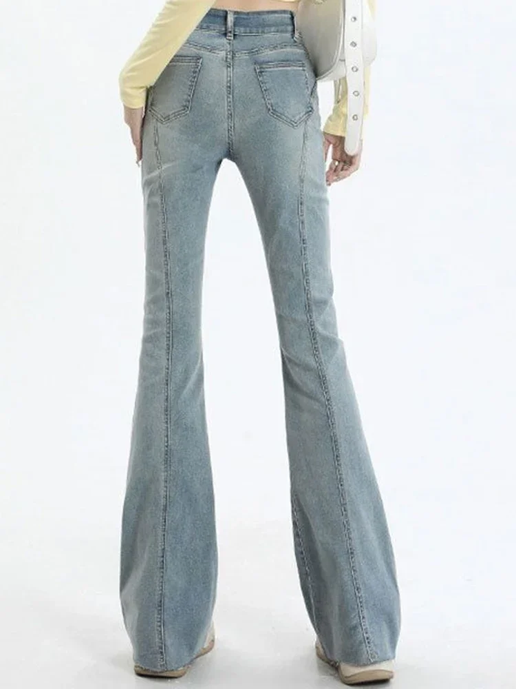 Vintage Women Double Button Wide Leg Boot Cut Pants Punk High Waist Loose Flare Jeans Lady Spliced Raw Edge Blue Denim Trousers