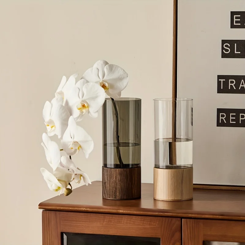 Transparent Acrylic Cylinder Vase - 1pc Vintage Style with Wooden Base - Classic Home and Florist Decor, Ideal for Bouquets and