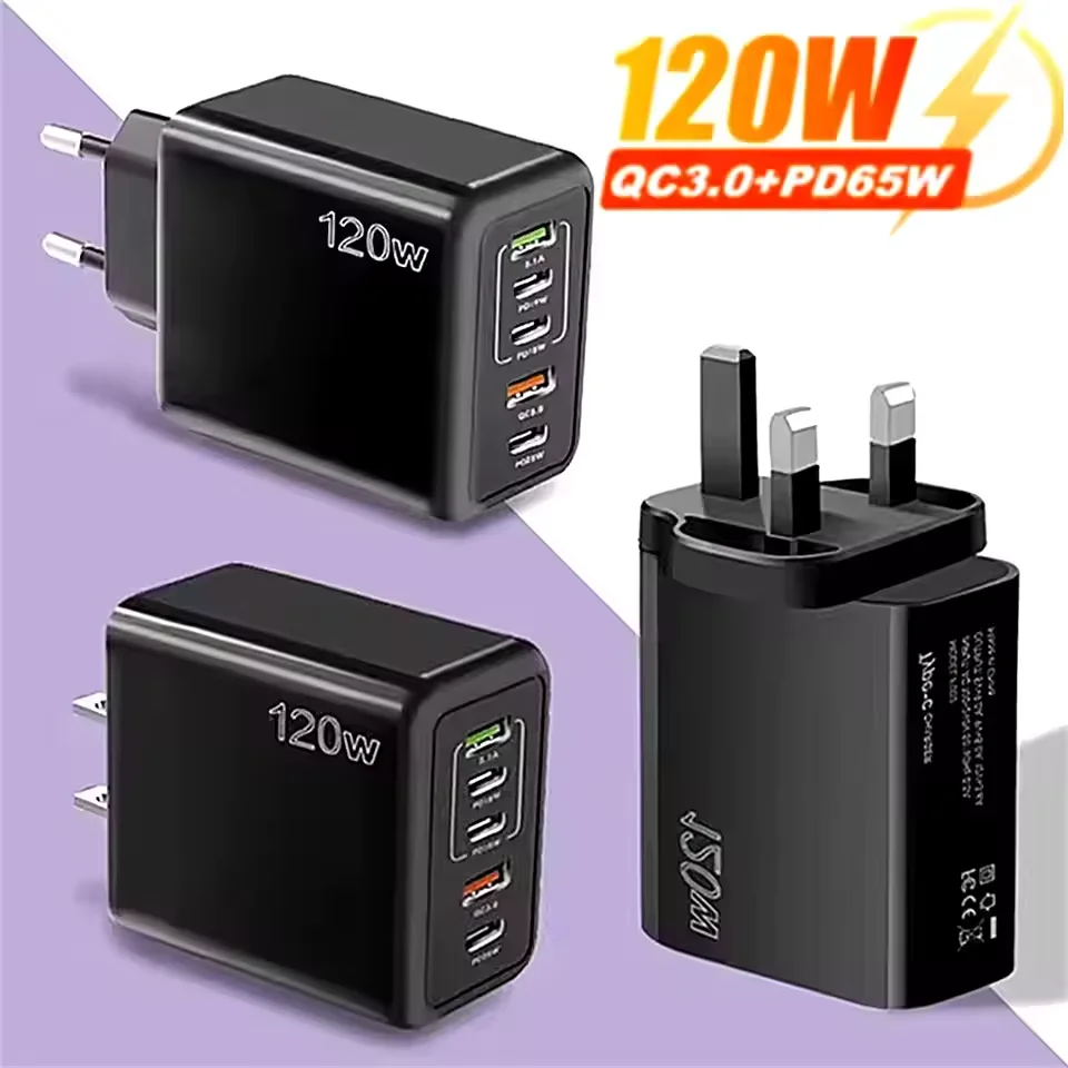 120W 5 In 1 USB Fast Charging Portable Charger PD Quick Charge For iPhone 17 Xiaomi Huawei Type C Multi Ports Wall Power Adapter