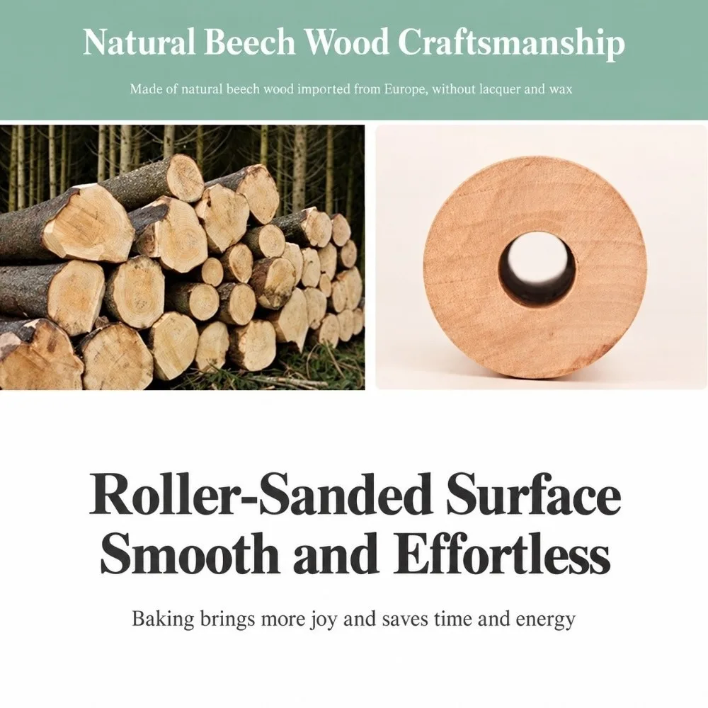 New Beech Wood Rolling Pin Unpainted Wax Free Freely Rotating Dough Roller With Handles Dumpling Dough Roller Home Baking