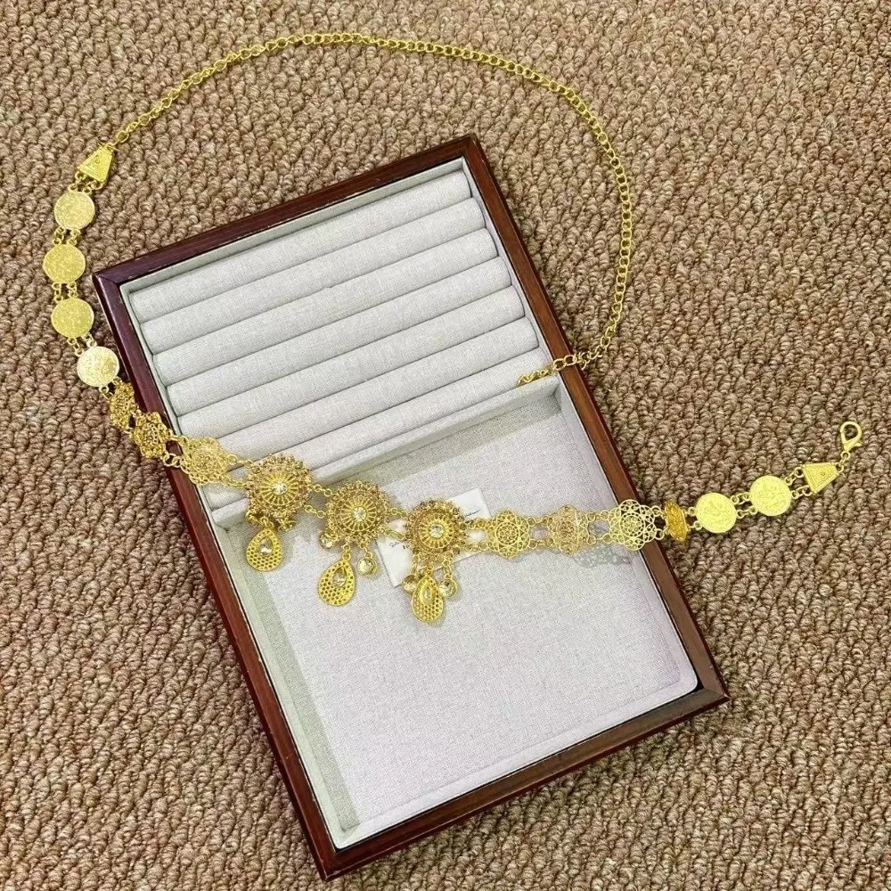 Cinturón de moda con pedrería, cadena de cintura de aleación dorada con borlas, cadenas para el vientre, cinturón hueco de metal con flores estilo bohemio, cinturones para vestidos.