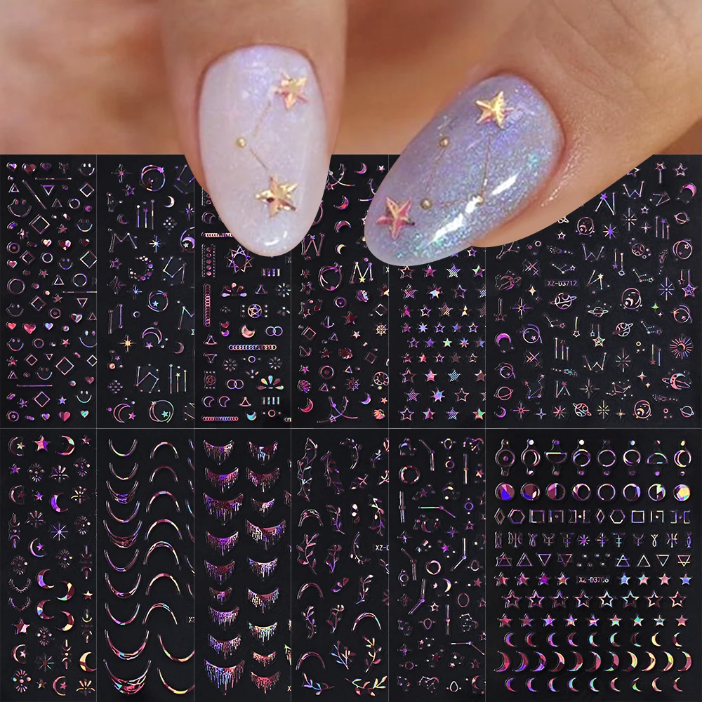 12Pcs High Flashy Fringe French Nail Stickers Glitter Bronzing Black/White/Pink/Rainbow Lines Laser Adhesive Nail Decals Sticker