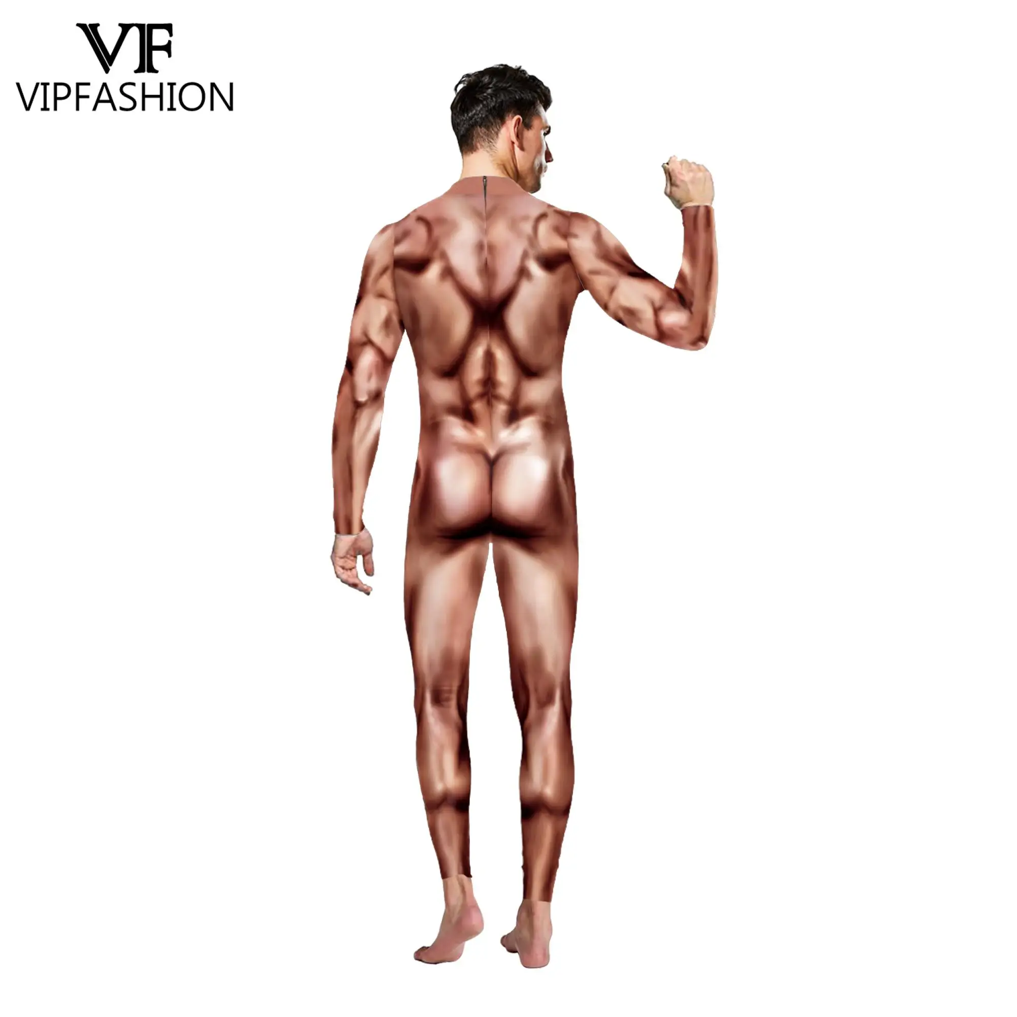 VIP FASHION Funny Muscle 3D Printing Purim Festival Party Zentai Bodysuit Jumpsuits Halloween Cosplay Costumes For Men