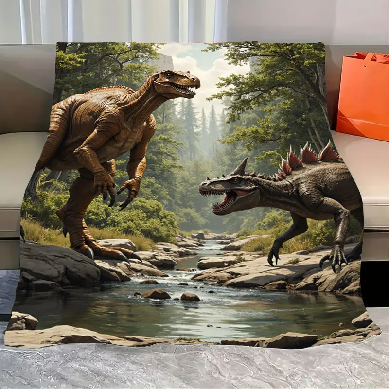 

1pc Flannel Blanket Dinosaur Battle Scene Fleece Blanket - Jurassic Forest Adventure Style